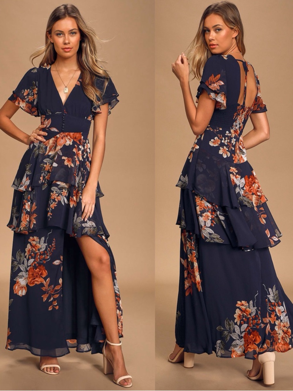 LULU’S Midnight Mood Navy Blue Floral Print Tiered Maxi Dress
